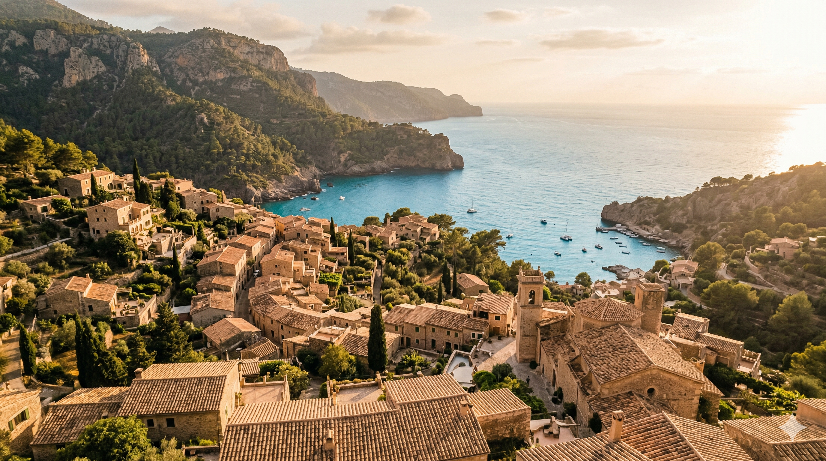 Vista aérea de la costa mediterránea de Mallorca al atardecer