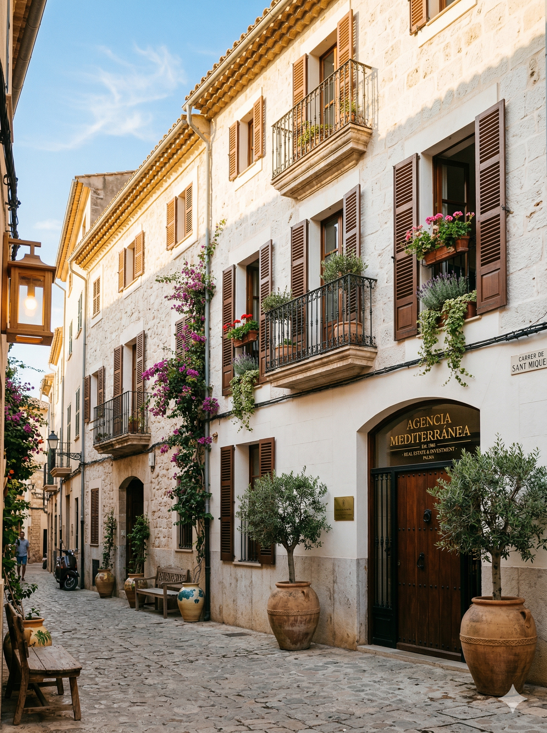 Fachada de boutique mediterránea en Palma de Mallorca con texto Agencia Mediterránea